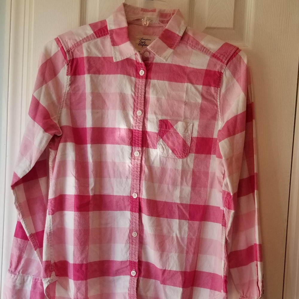 American eagle AE button up top shirt pink plaid Size 14 for women
